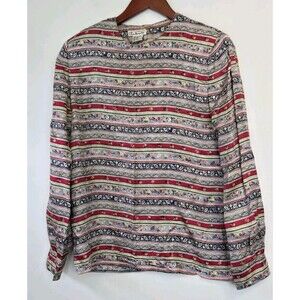 VTG Talbots Blouse Womens 4 Striped Floral 100% Silk Boho Artsy Whimsy Fairy